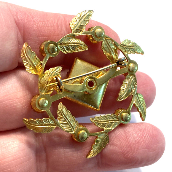 Vintage Mid Century Brooch Gold & Peach Moonglow Beads Floral Vines Wreath Pin - Picture 6 of 7